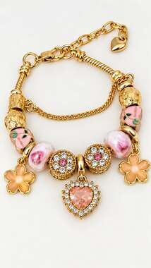 New Pink & Gold Floral Heart Charm Bracelet – Crystal & Glass Beads, Pandora Sty